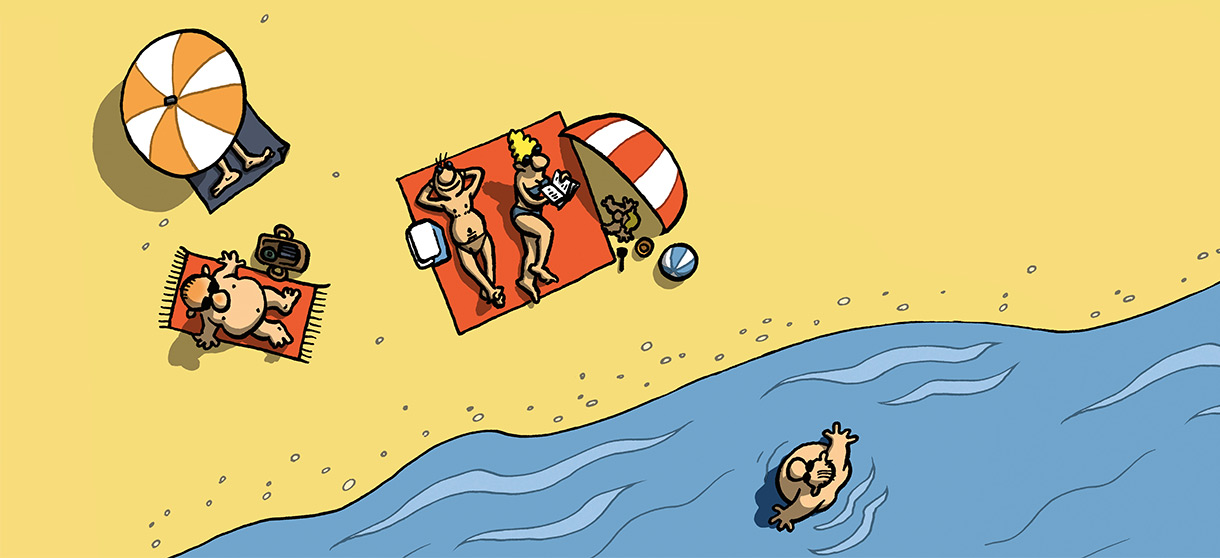 Gezeichneter Strand mit Menschen, die baden und unterm Sonnenschirm liegen